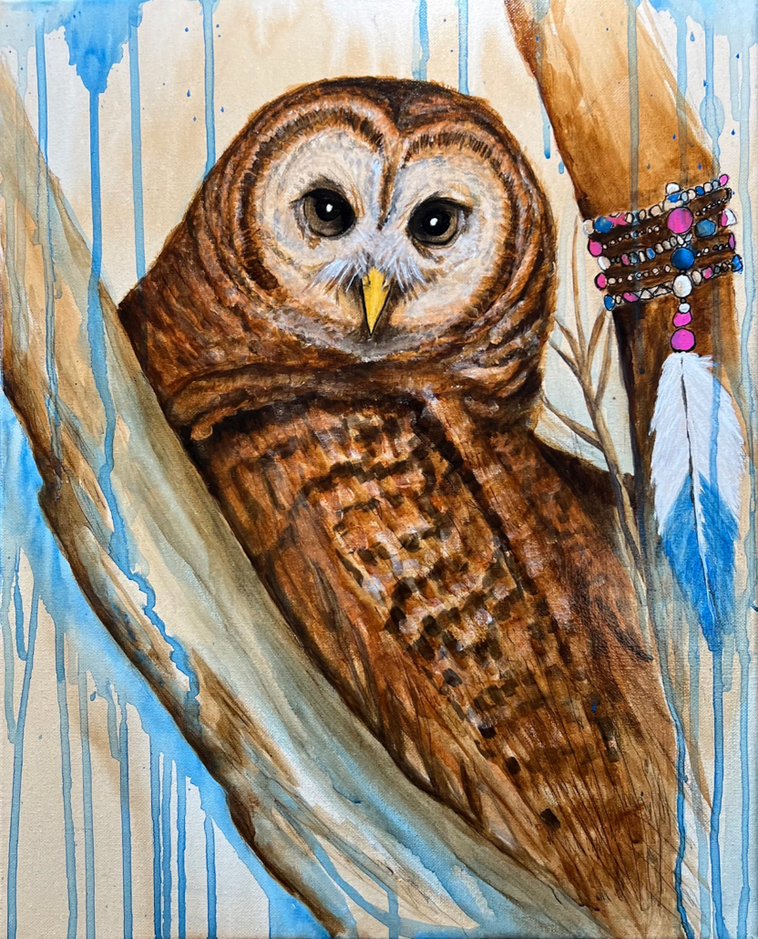 Medicine in the Dark (Owl with Blue Feather)